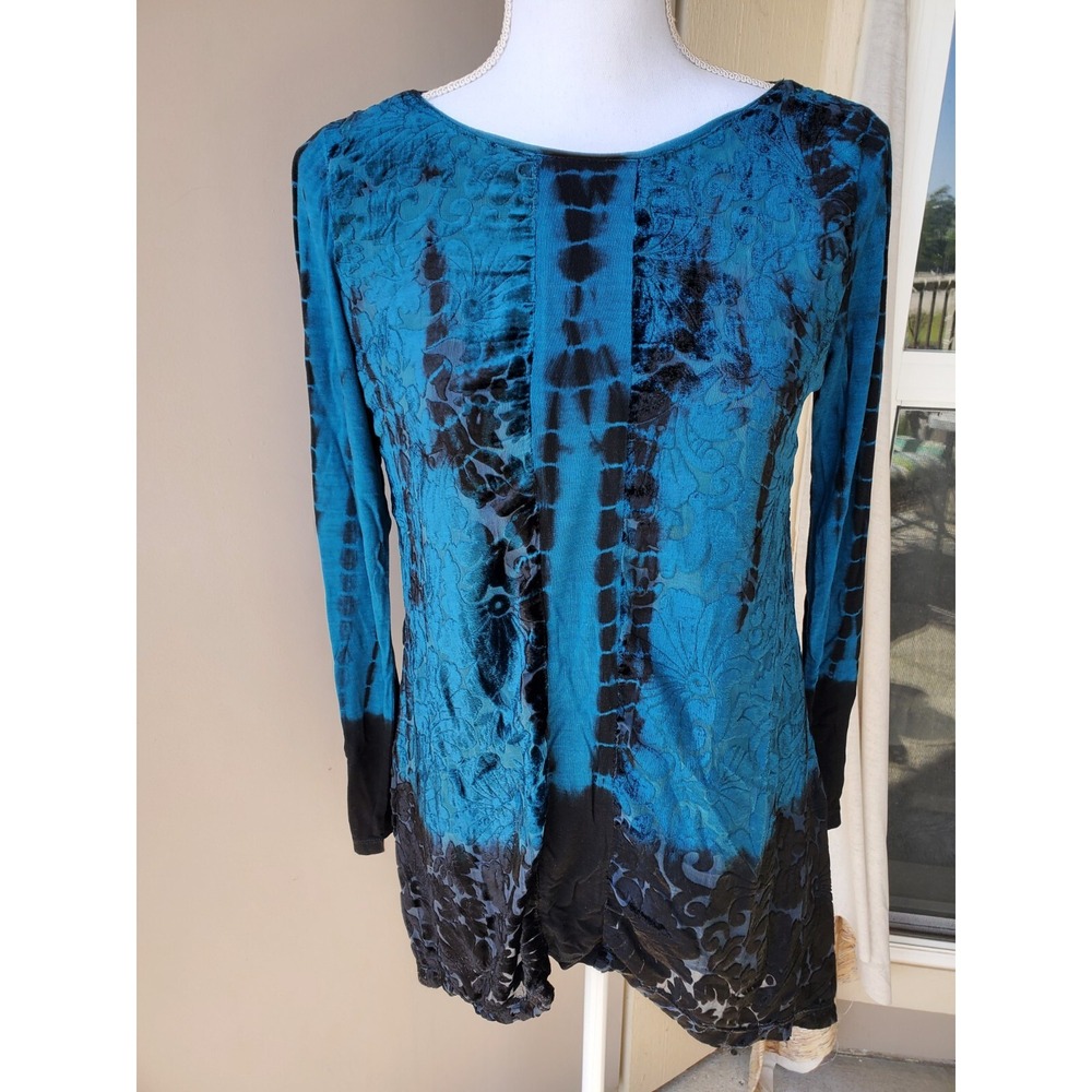 Chicos Tunic Top Women Small Black Blue Tie Dye Velvet Burnoutâ Floral Elegant